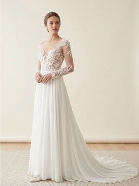 Elegant Light Ivory Lace and ChiffonWedding Dress